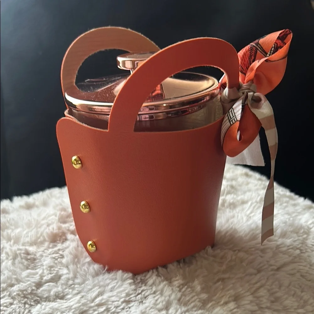 Beach House Bathroom Decor. Beauty storage case.Orange Leather Handled Glass Jar